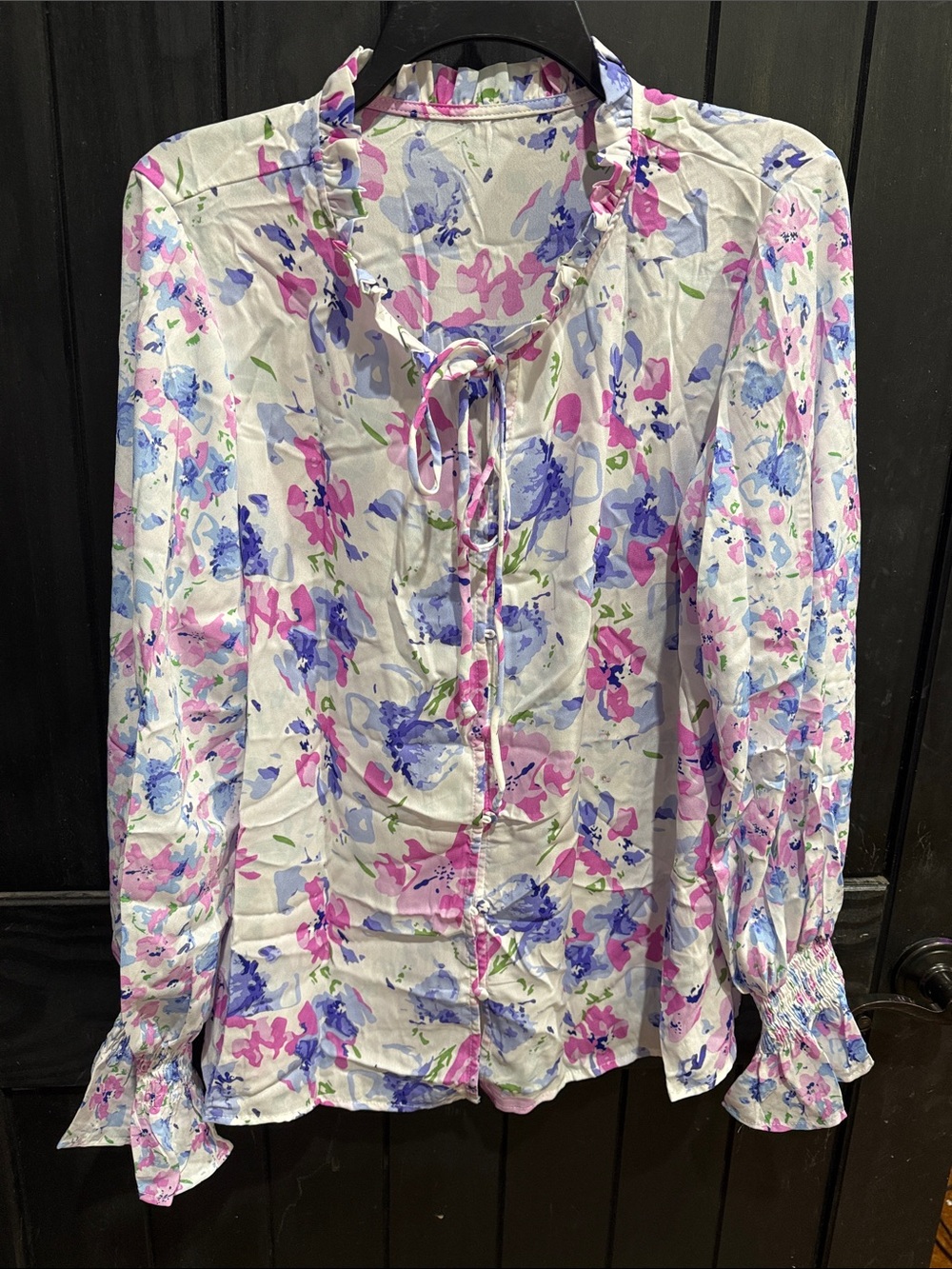 Ruffled Tie-Neck Floral Blouse - Pink, Lavender & White
